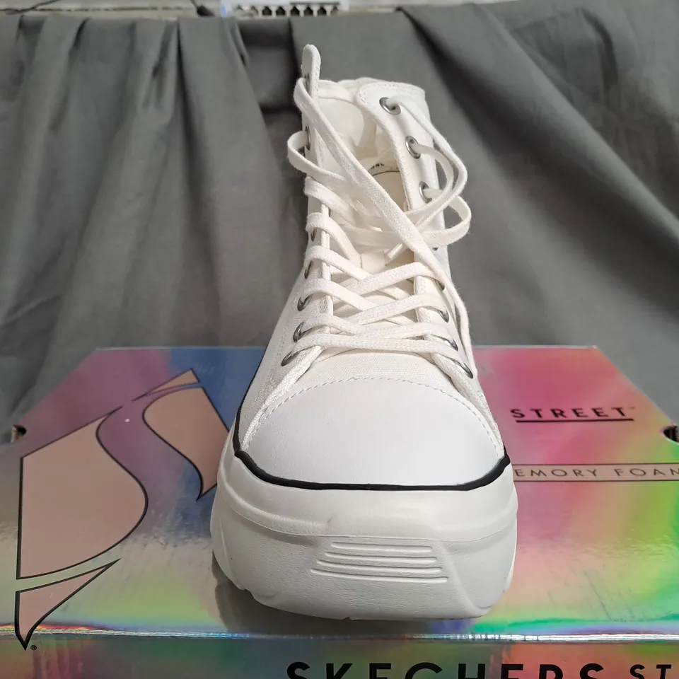 BOXED SKECHERS STREET HIGH RISE WHITE TRAINERS - SIZE 7