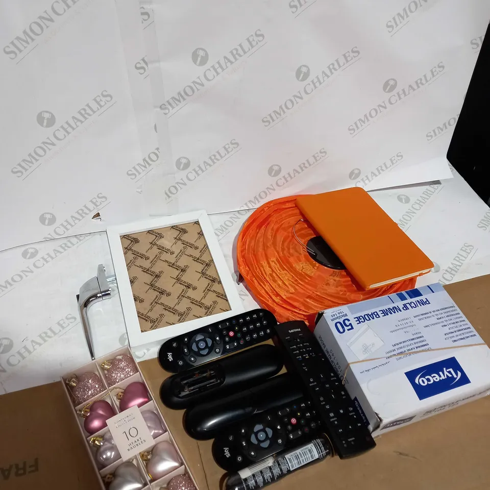 BOX OF ASSORTED HOUSEHOLD ITEMS TOO INCLUDE TV REMOTES 