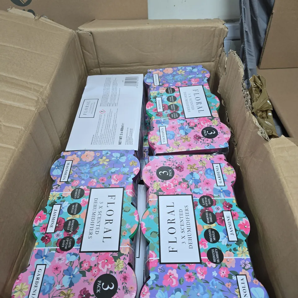 BOX OF APPROXIMATELY 8 FLORAL SCENTED DEHUMIDIFIERS 3 PACK 
