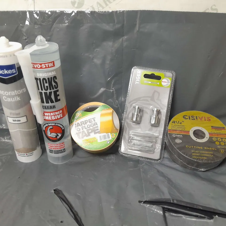 BOX OF APPROXIMATELY 16 ASSORTED ITEMS TO INCLUDE - CISIVIS CUTTING WHEEL , CARPET TO FLOOR TAPE , EVO-STIK STICKS LIKE CLEAR ADHESIVE ETC