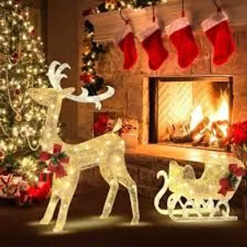 BOXED PRE-LIT HOLIDAY OUTDOOR LIGHTED CHRISTMAS REINDEER AND SLEIGH DECORATION