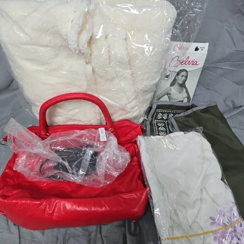 APPROXIMATELY 10 ASSORTED ITEMS TO INCLUDE HANDBAG, BRA, THROW, ETC