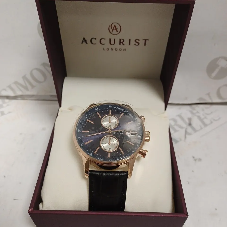 BOXED ACCURIST GENTS CHRONOGRAPH WATCH WITH GENUINE LEATHER STRAP - JAPAN MOVEMENT - 5 ATM. 