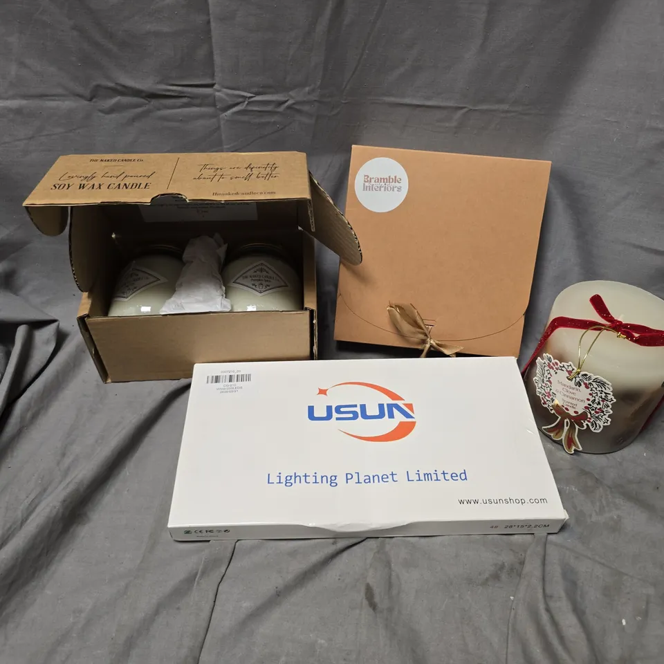 APPROXIMATELY 10 ASSORTED HOUSEHOLD ITEMS TO INCLUDE SCENTED CANDLES, WHITE LEDS, ETC