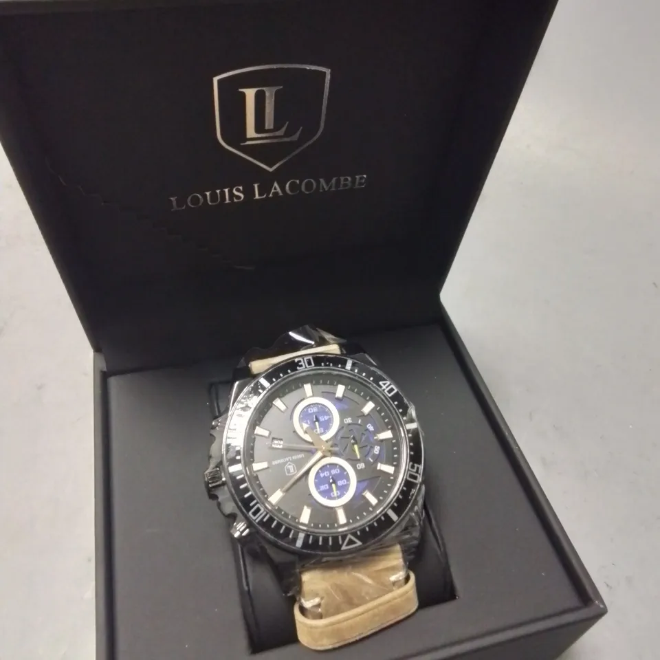 LOUISE LACOMBE GENTS STAINLESS STEEL WATCH WITH TAN STRAP IN GIFT BOX