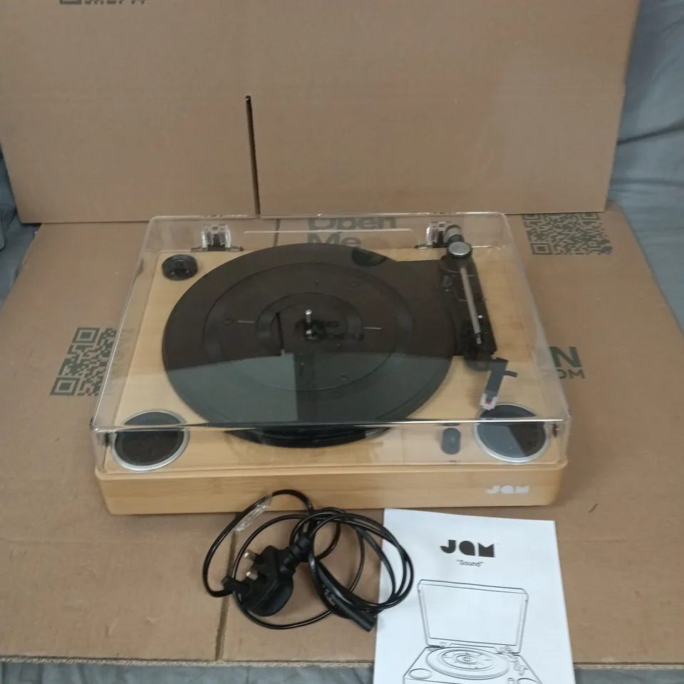 JAM SOUND WOODEN VINYL TURNTABLE WITH CLEAR ACRYLIC LID AND BUILT-IN SPEAKERS