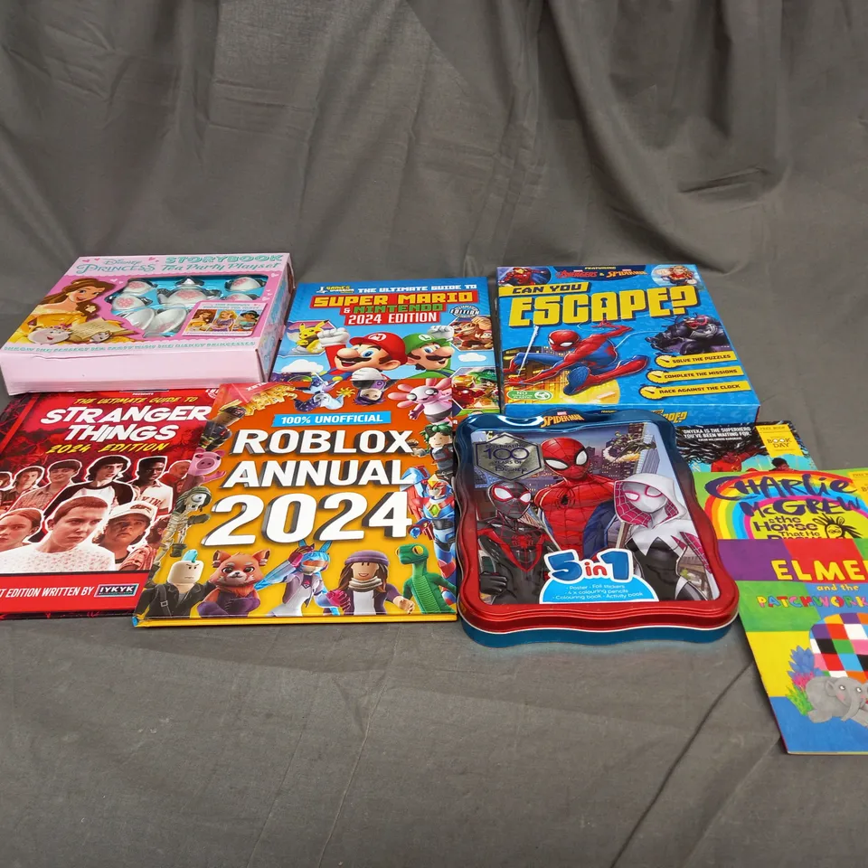 BOX OF APPROXIMATELY 10 ASSORTED BOOKS AND TOYS TO INCLUDE STRANGER THINGS, ROBLOX AND DISNEY PRINCESS