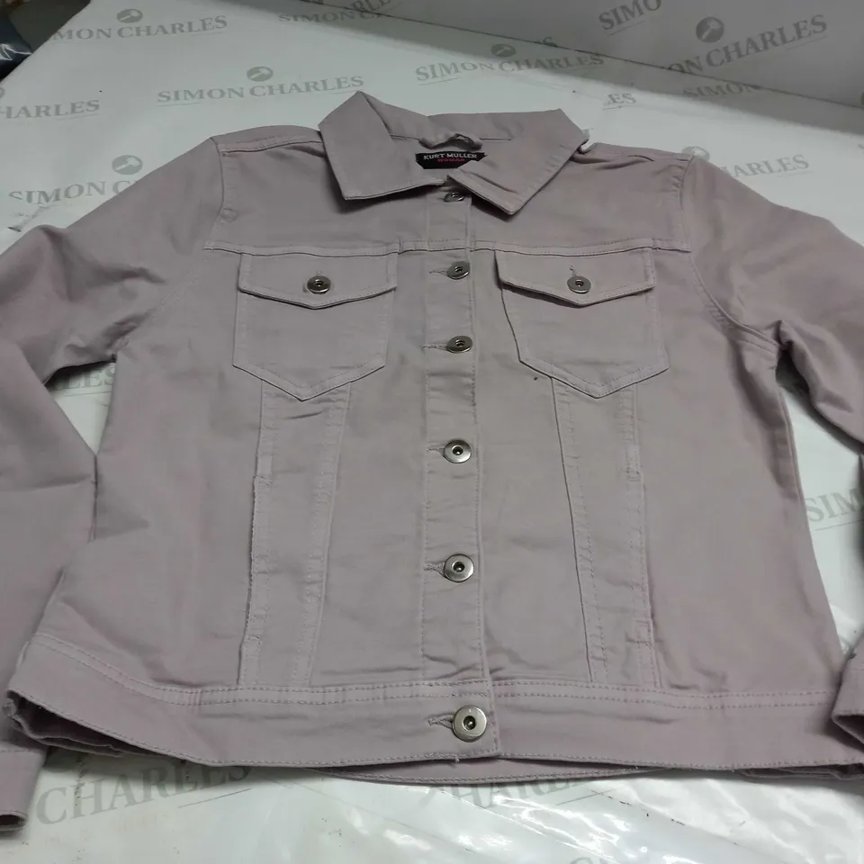 KURT MULLER WOMAN CROP FAUX DENIM JACKET IN VIOLET HAZE - UK 10