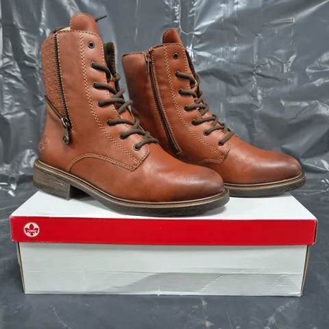 BOXED PAIR OF RIEKER LACE ANKLE BOOTS IN BRANDY SIZE 6