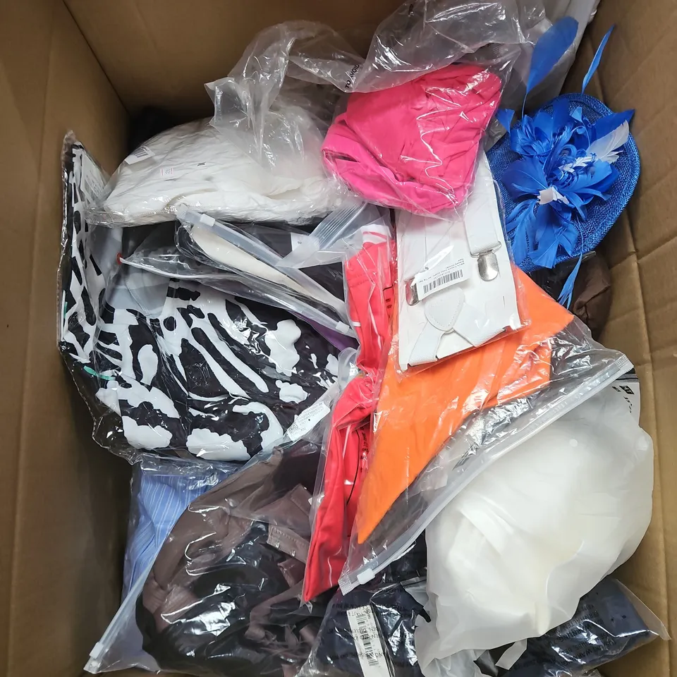 BOX OF APPROXIMATELY 20 ASSORTED CLOTHING ITEMS TO INCLUDE DRESS, SHORTS, TSHIRT, ETC