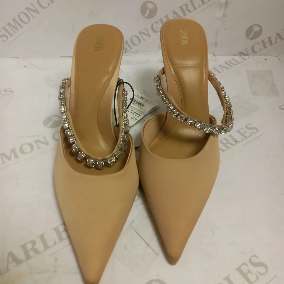 ZARA STRAP DETAIL SATIN POINTED HEELS WITH RHINESTONES TAN UK 6 