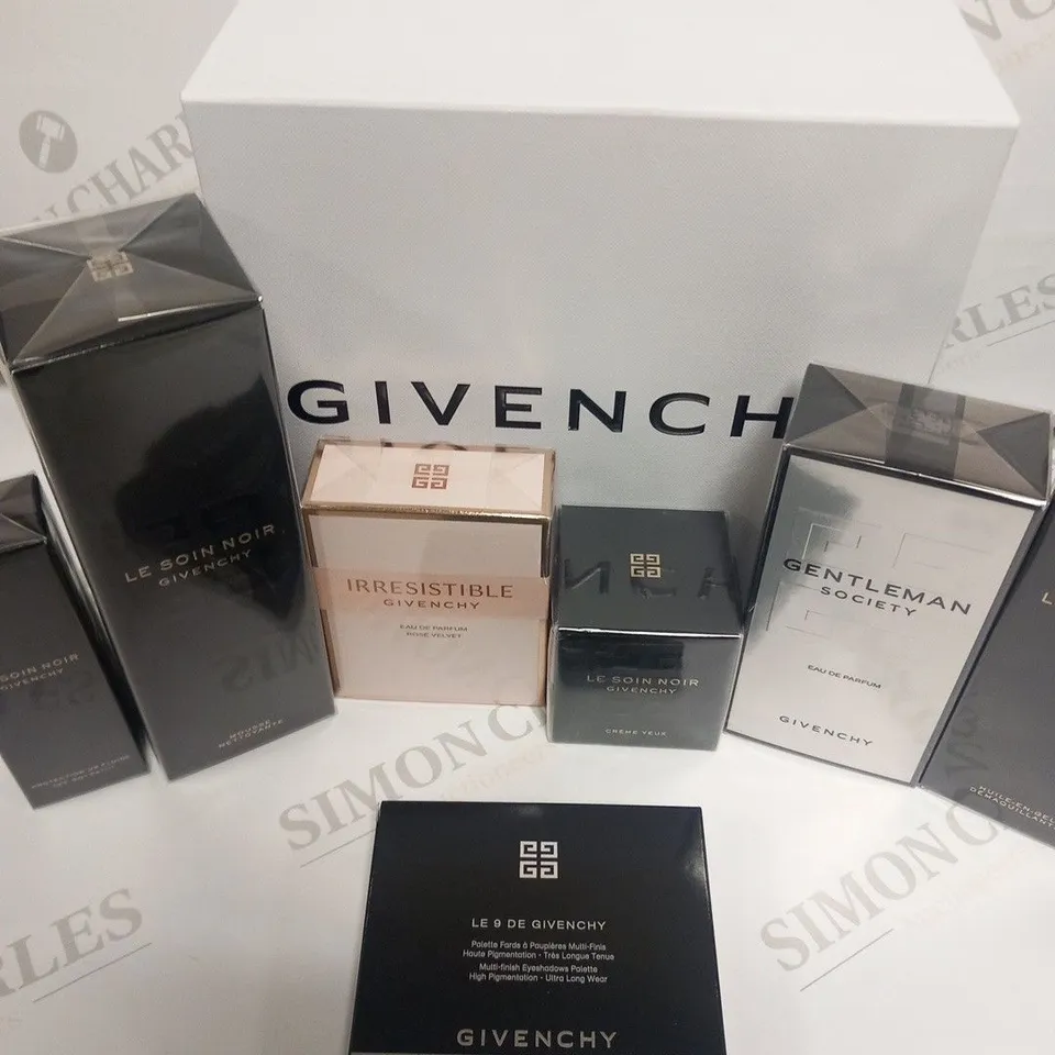 BOXED GIVENCHY GIFT SET TO INCLUDE; MOUSSE, EAU DE PARFUM, EYE SHADOW PALLETTE, CREME YEUX, EAU DE PARFUM ROSE VELVET AND PROTECTIONUV FLUIDE