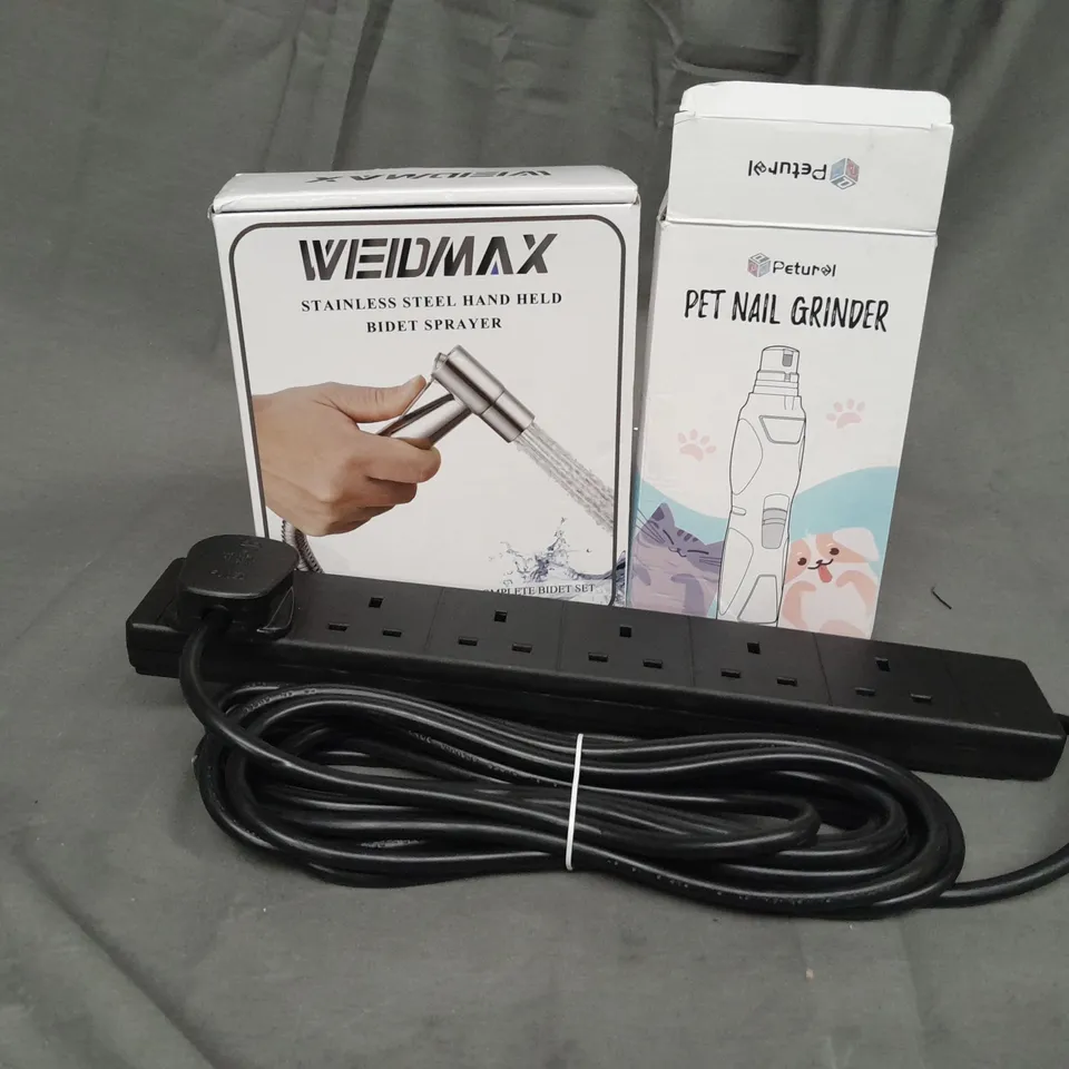 APPROXIMATELY 10 ASSORTED PRODUCTS TO INCLUDE HANDHELD BIDET SPRAYER, PET NAIL GRINDER, EXTENSION LEAD POWER STRIP 