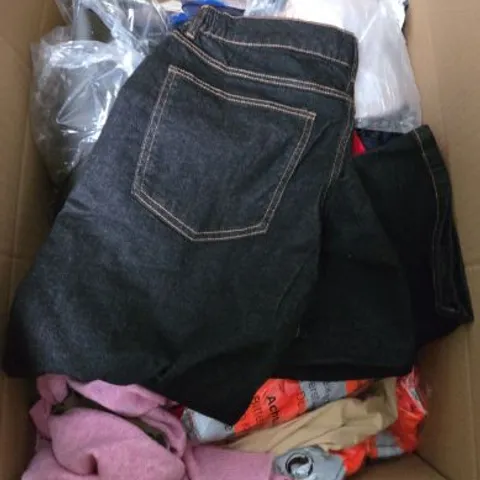 LARGE BOX OF ASSORTED CLOTHING ITEMS IN VARIOUS SIZES, STYLES AND COLOUR 