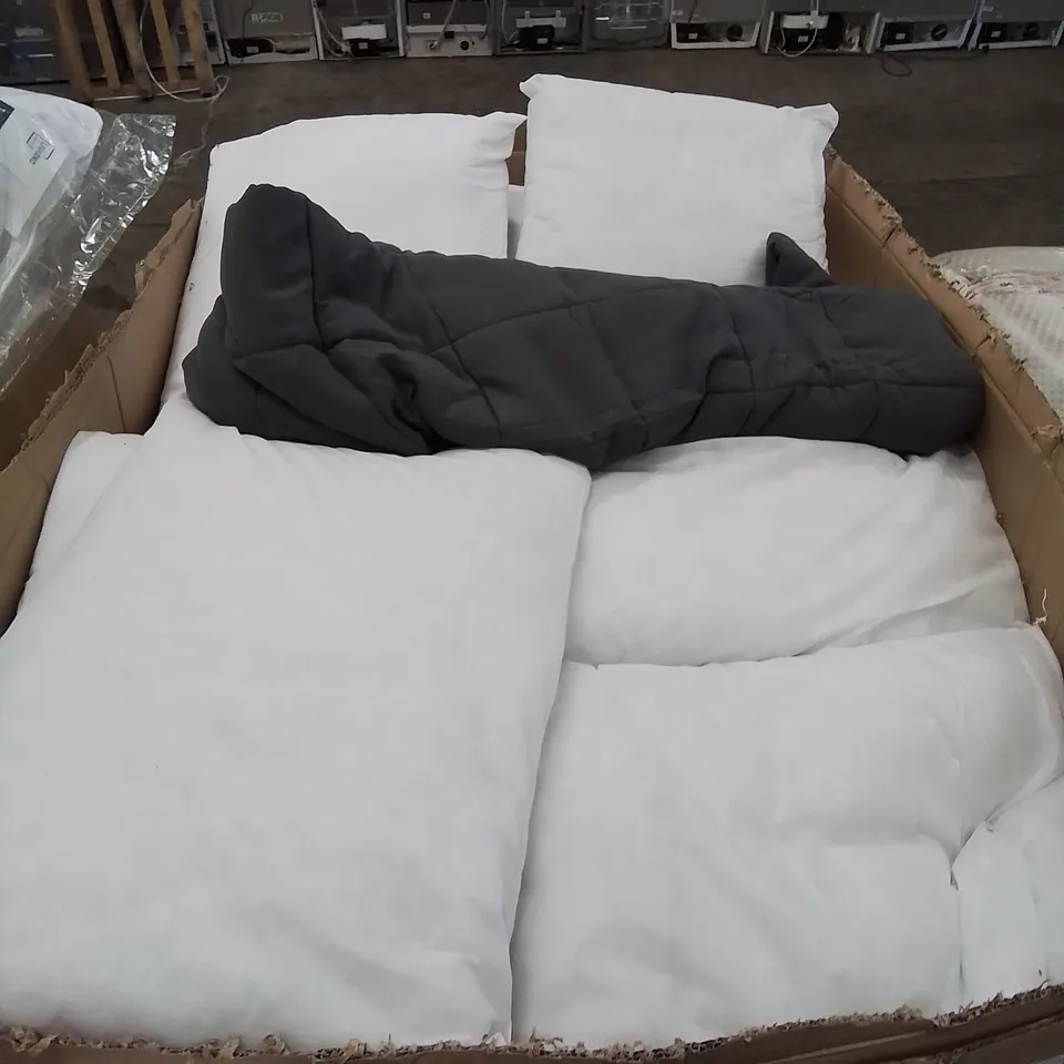 PALLET CONTAINING VARIOUS WEIGHTED BLANKETS AND  PILLOWS SIZES VARY