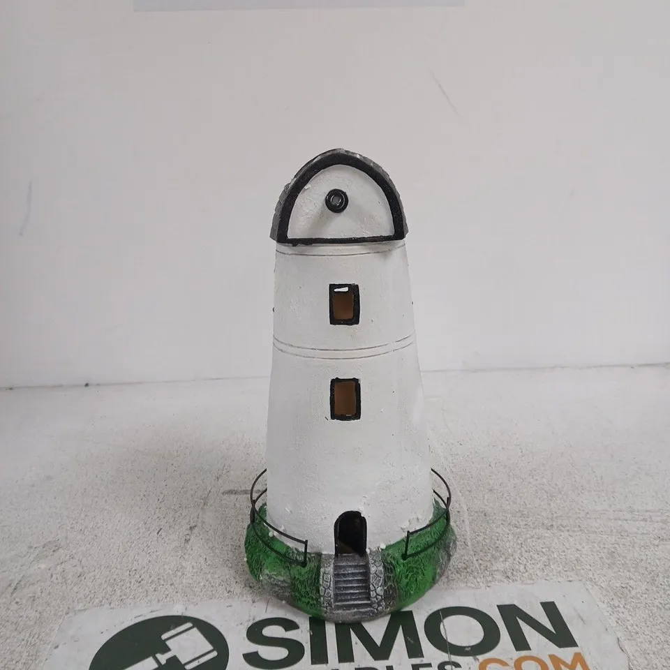 GARDEN LIGHTHOUSE ORNAMENT WITH SOLAR PANEL – WHITE & GREEN BASE UNBOXED