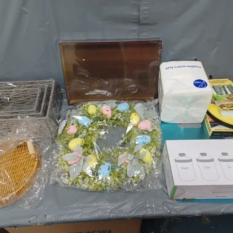 BOX OF APPROXIMATELY 12 ASSORTED HOUSEHOLD ITEMS TO INCLUDE - STORAGE CONTAINERS, EASTER WREATH, AND CRIMPIT WRAP PRESS  ETC. 