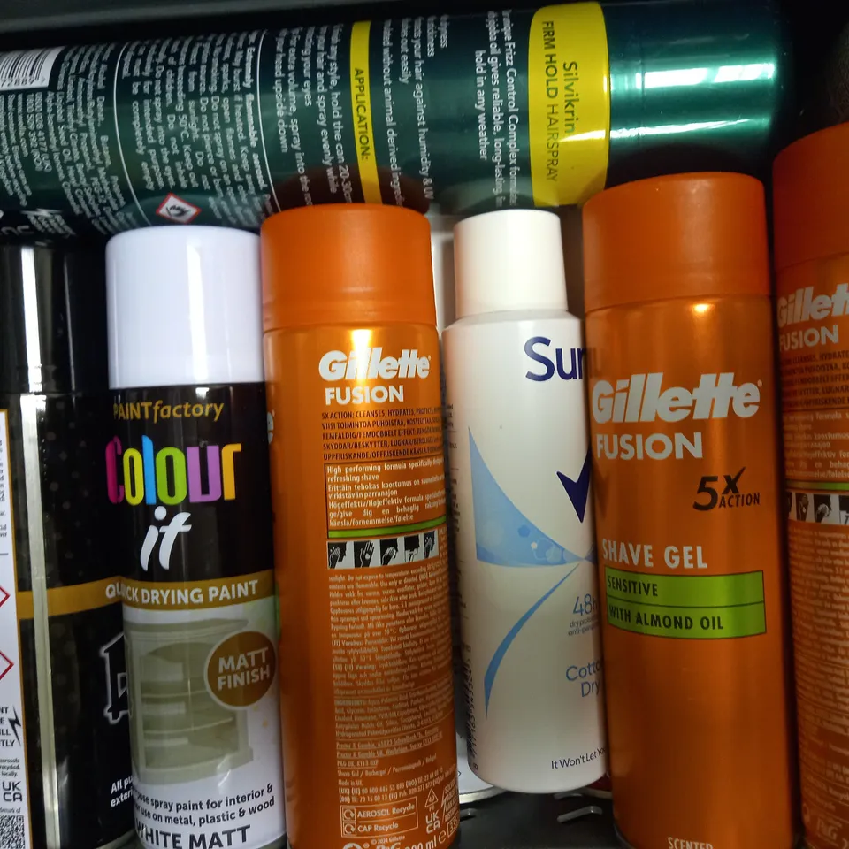 LOT OF APPROXIMATELY 20 ASSORTED AEROSOLS, TO INCLUDE RITUALS, SHAVE GEL, RUST-OLEUM, ETC - COLLECTION ONLY