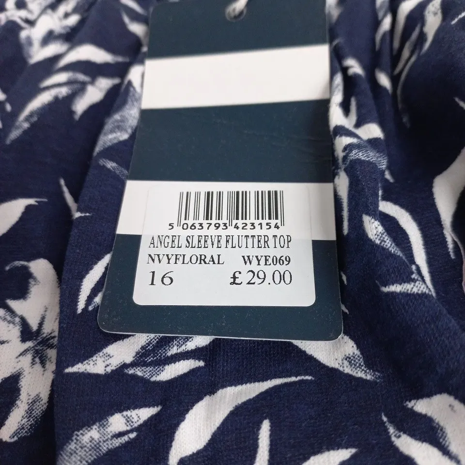 CREW CLOTHING COMPANY ANGEL SLEEVE FLUTTER TOP – NAVY FLORAL, UK 16