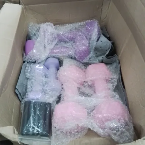BOX CONTAINING SELECTION OF DUMBELL WEIGHTS