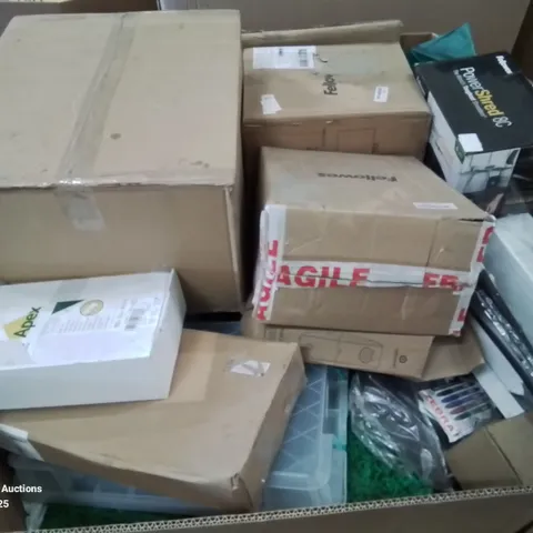 PALLET OF APPROXIMATELY 161 ASSORTED ITEMS INCLUDING HP DESKJET 2720E ALL-IN-ONE COLOUR PRINTER, FELLOWES PAPER SHREDDER, DYMO EMBOSSING LABEL MAKER, ELECTRIC COMPRESSED AIR DUSTER CLEANER ETC