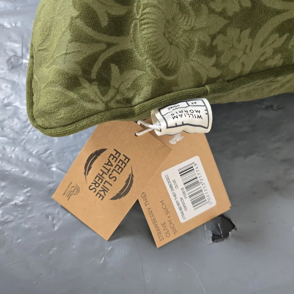 GREEN DAMASK DECORATIVE CUSHION WITH FEELS LIKE FEATHERS TAG