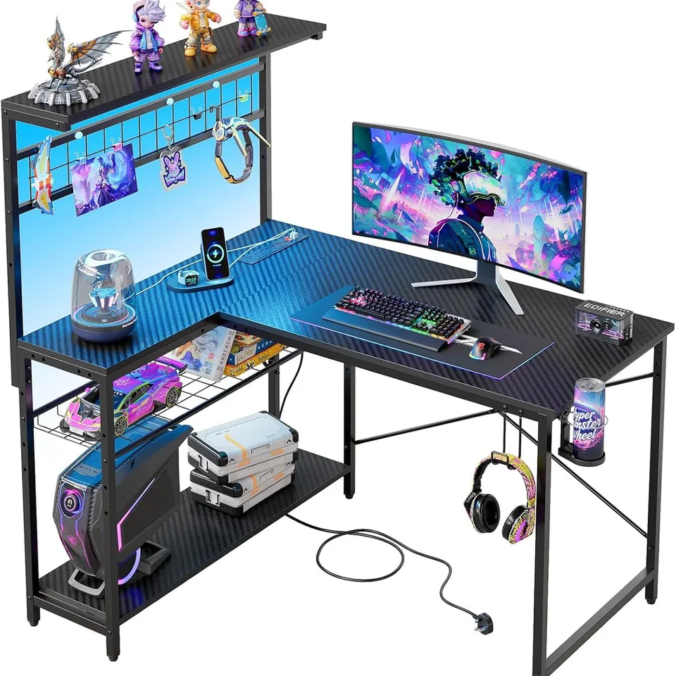 BOXED L-SHAPED LED GAMING DESK CORNER COMPUTER DESK WITH MONITOR STAND