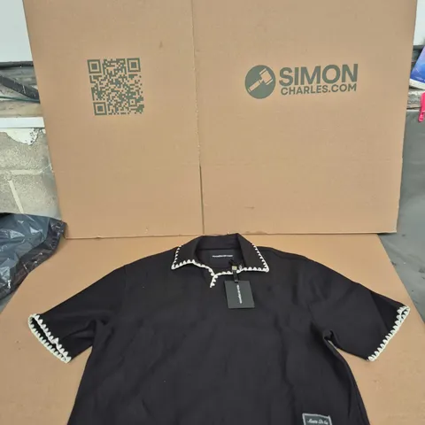 MANIÈRE DE VOIR MEN'S POLO SHIRT – BLACK KNIT WITH WHITE TRIM, SIZE M