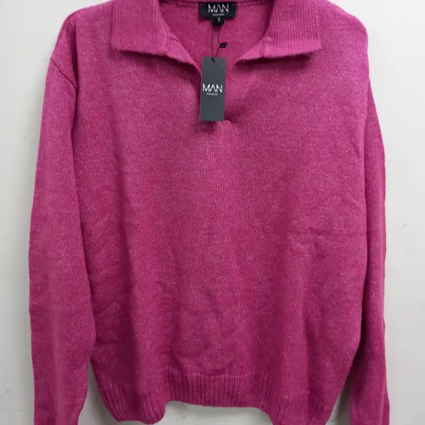 BOOHOO MAN BOXY LONG SLEEVE KNITTED POLO IN HOT PINK - S