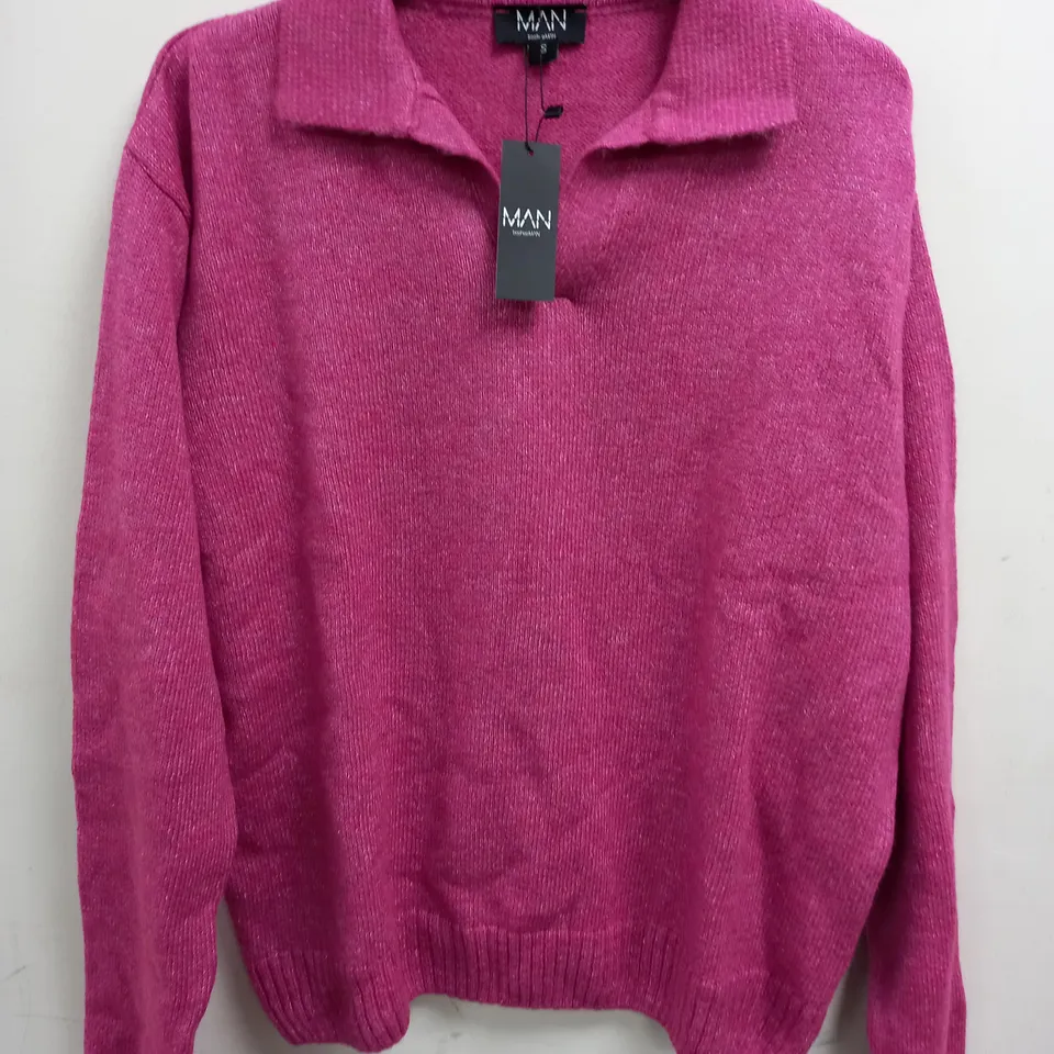 BOOHOO MAN BOXY LONG SLEEVE KNITTED POLO IN HOT PINK - S