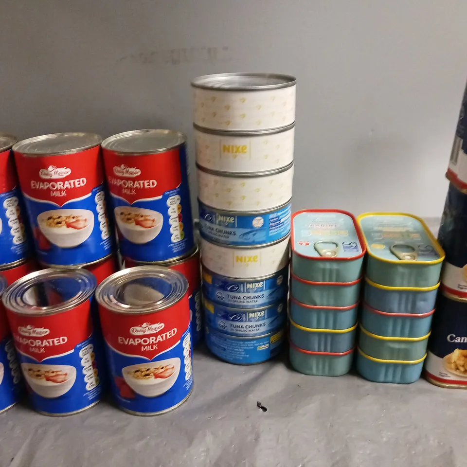 LOT OF 30 ASSORTED FOOD ITEMS TO INCLUDE CANNED BEEF. SARDINES AND EVAPORATED MILK