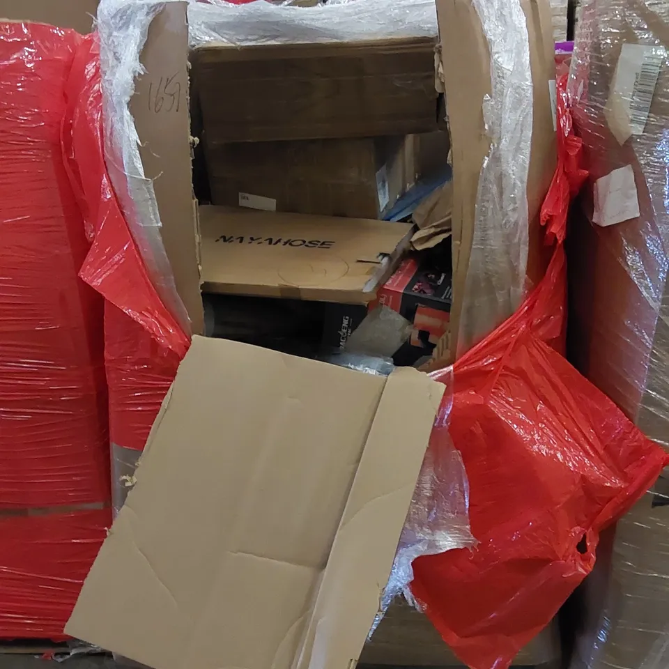 PALLET OF ASSORTED HOUSEHOLD ITEMS AND CONSUMER PRODUCTS. INCLUDES FIREPLACE ASH VACUUM, CABINET TROLLEY, RUG ETC