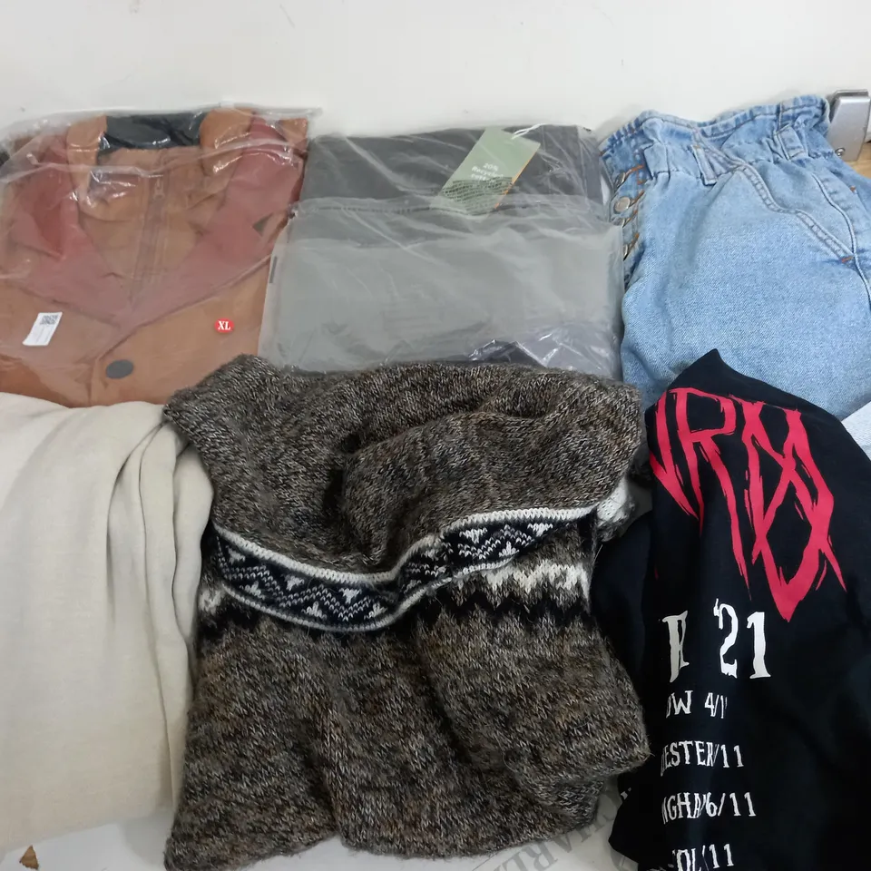 LARGE BOX OF ASSORTED CLOTHING ITEMS IN VARIOUS COLOURS AND SIZES INCLUDING TROUSERS , TOPS AND JUMPERS