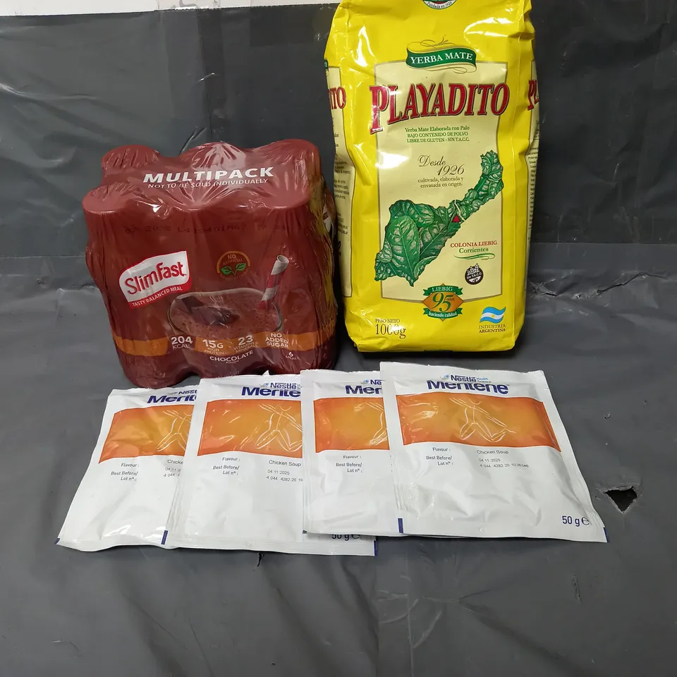 APPROXIMATELY 10 ASSORTED FOOD & DRINK ITEMS TO INCLUDE - SLIMFAST CHOCOLATE SHAKES - NESTLE MERITENE CHICKEN SOUP - YERBA MATE PLAYADITO SOUTH AMERICAN TEA - ETC