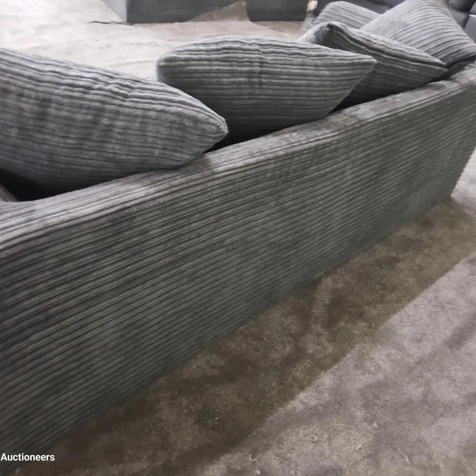 DESIGNER THREE SEATER SOFA WITH SCATTER CUSHIONS GREY JUMBO CHORD