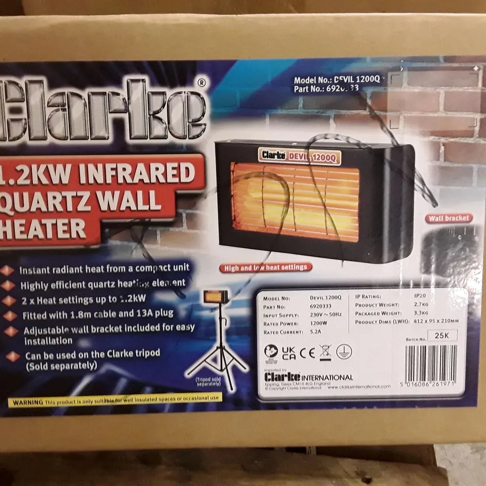 BOXED CLARKE HEAT DEVIL 1200Q 1.2KW WALL MOUNTED INFRARED QUARTZ HEATER (230V)