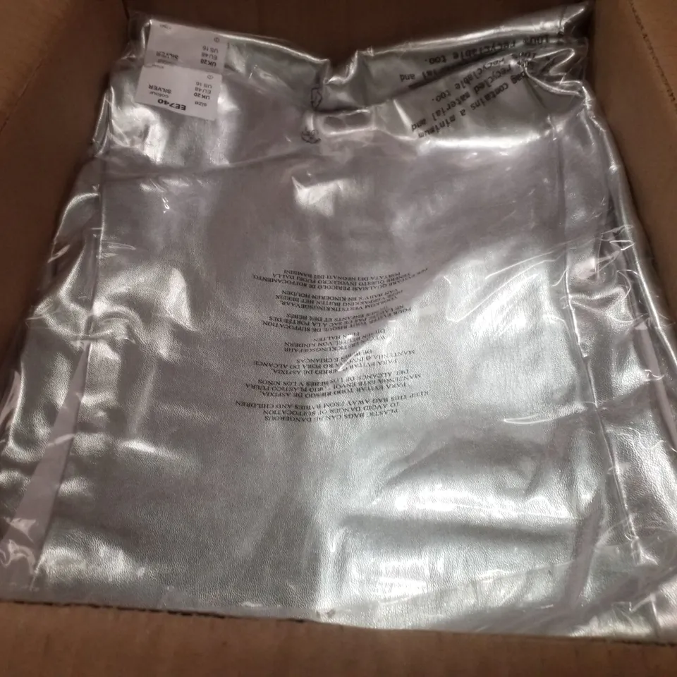 BOX CONTAINING APPROXIMATELY 18 BRAND NEW JD WILLIAMS SILVER PU STRAIGHT TROUSERS - SIZE 20