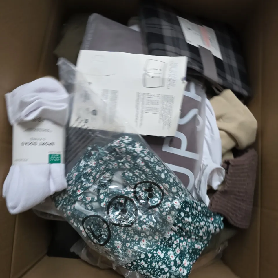 LARGE BOX OF APPROXIMATELY 25 ASSORTED CLOTHING ITEMS IN VARIOUS COLOURS, STYLES AND SIZES - COLLECTION ONLY