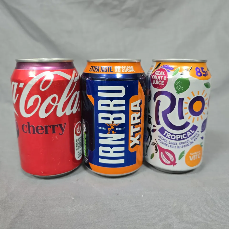 LOT OF 25 ASSORTED 330ML DRINKS INCLUDES COKE, RIO AND IRON BRU