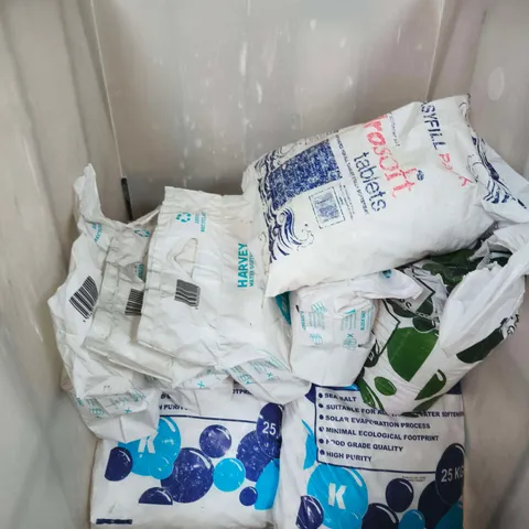 CAGE OF APPROXIMATELY 12 BAGS OF ASSORTED SALT FOR ALL TABLET WATER SOFTENERS