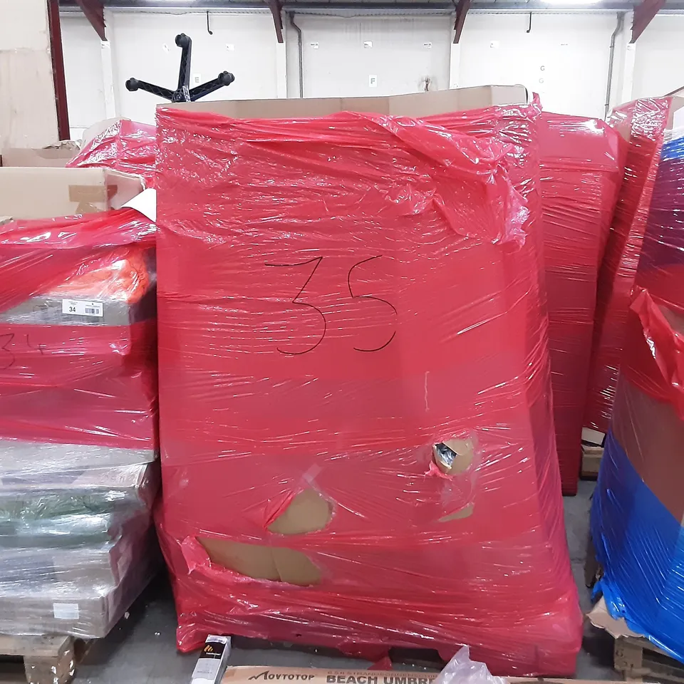 PALLET OF ASSORTED PRODUCTS TO INCLUDE PIPISHELL TOILET SEAT, MOVTOTOP BEACH UMBRELLA, CURTAIN RAILING, TAIYUHOMES ROLLER BLIND, AIODE CLOTHS DRYING RACK