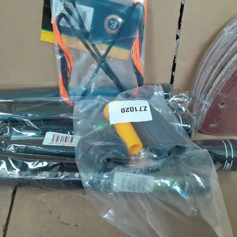 APPROXIMATELY 10 ASSORTED HOUSEHOLD ITEMS TOO INCLUDE, GOLF CLUB, SANDING PADS, BOW STRING, ETC
