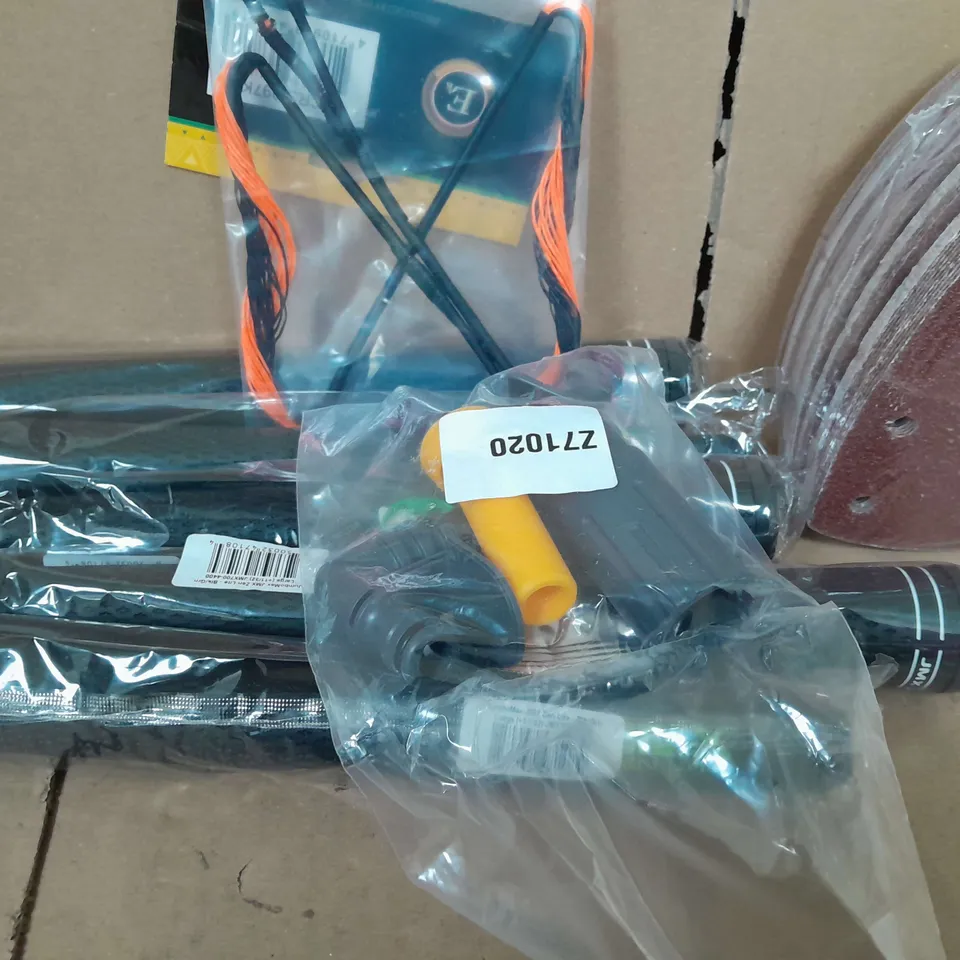 APPROXIMATELY 10 ASSORTED HOUSEHOLD ITEMS TOO INCLUDE, GOLF CLUB, SANDING PADS, BOW STRING,  ETC 