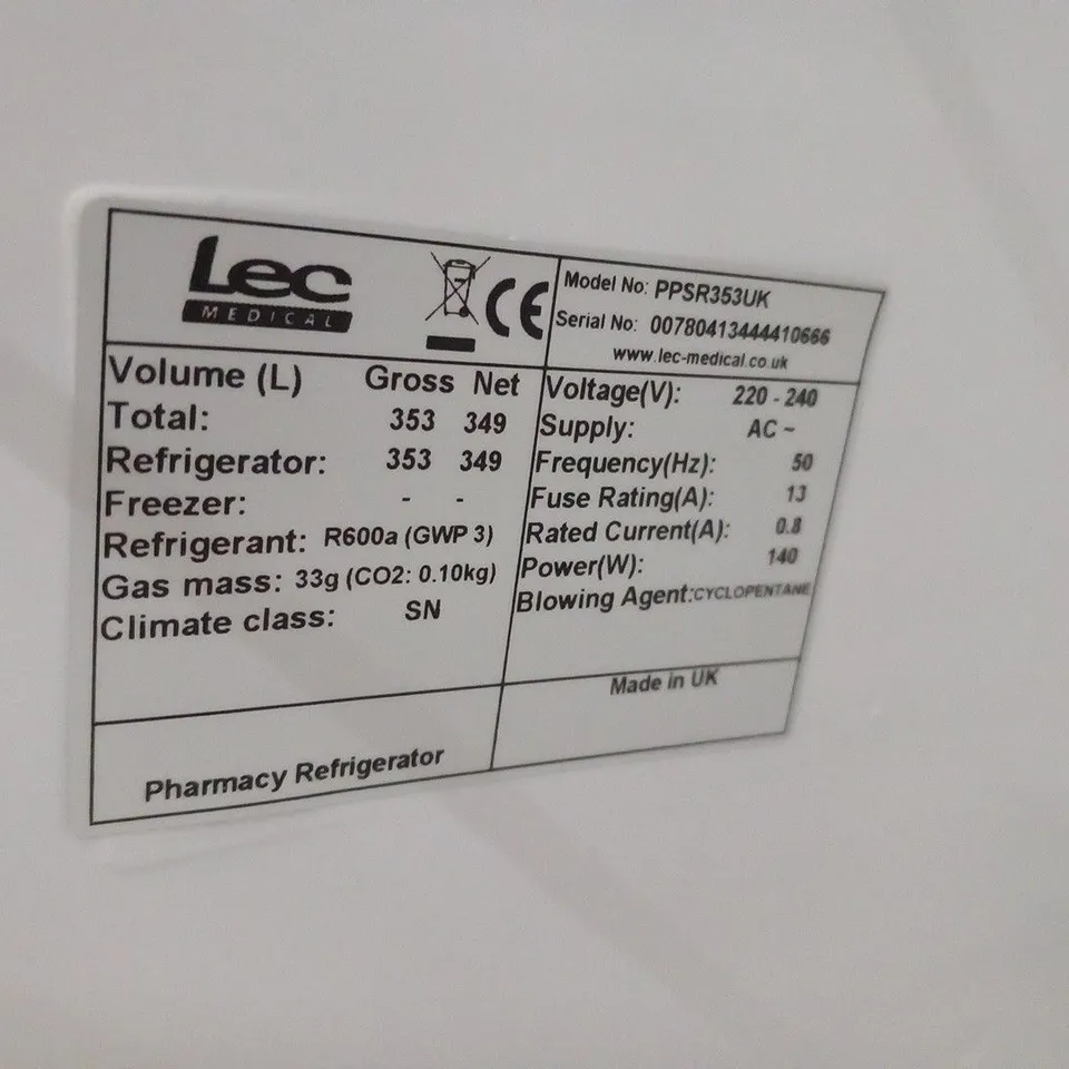 LEC PPSR353UK FREESTANDING PHARMACY CONTROL PLUS FRIDGE - SOLID DOOR 353 LITRES