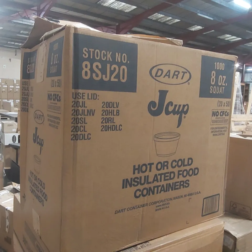 BOX CONTAINING A VERY LARGE QUANTITY OF BRAND NEW DART JCUP 8OZ HOT OR COLD INSULATED FOOD CONTAINERS - NO LIDS