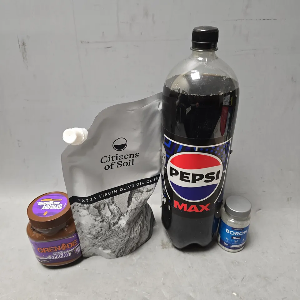 APPROXIMATELY 7 ASSORTED FOOD & DRINK ITEMS TO INCLUDE - PEPSI MAX , VIRGIN OLIVE OIL , GRENADE SPREAD ETC
