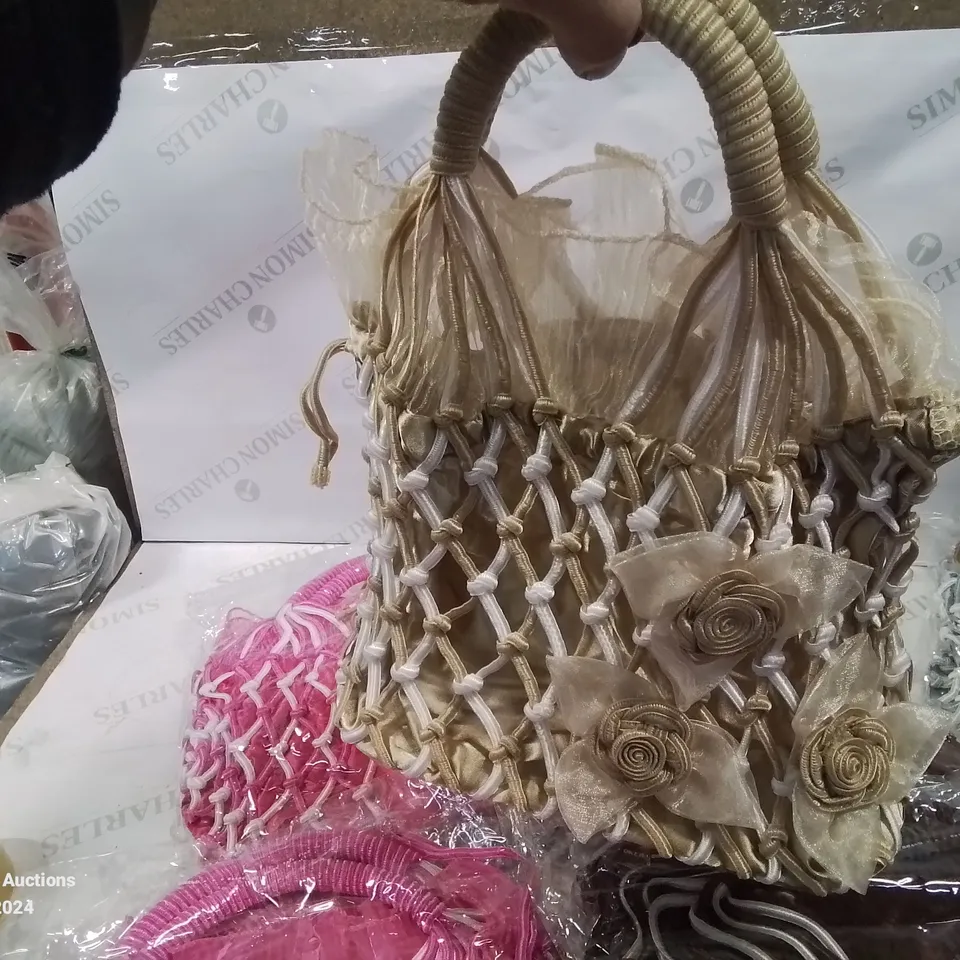 LARGE AMOUNT OF NEW BAGGED STYLISH ROSE DESIGN NET LOOK HANDBAGS