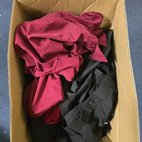 BOX OF APPROXIMATELY 10 ASSORTED CLOTHING ITEMS IN VARIOUS COLOURS, SIZES AND STYLES