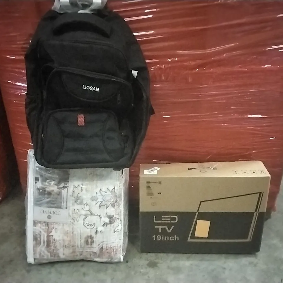 PALLET OF ASSORTED PRODUCTS AND HOUSEHOLD GOODS TO INCLUDE;19 INCH TV,LARGE AREA RUG,LARGE BACKPACK