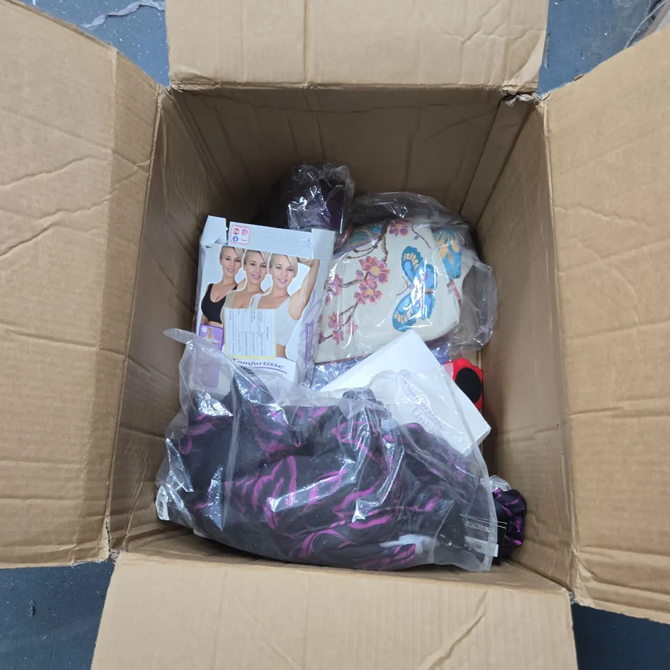 BOX OF APPROXIMATELY 10 ASSORTED ITEMS INCLUDING LIVMORE FURNITURE SHIFT TOOL KIT AND COMFORTISSE PUSH UP BRA 